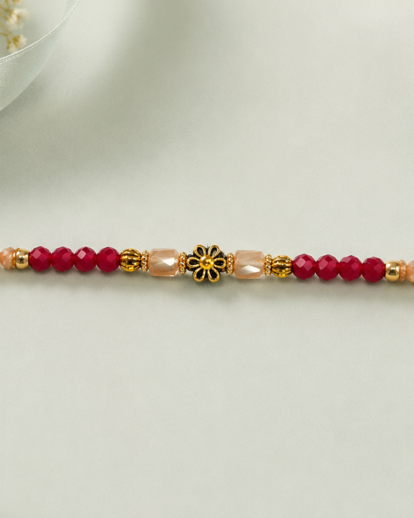 Fancy Golden Floral Peach Beaded Rakhi