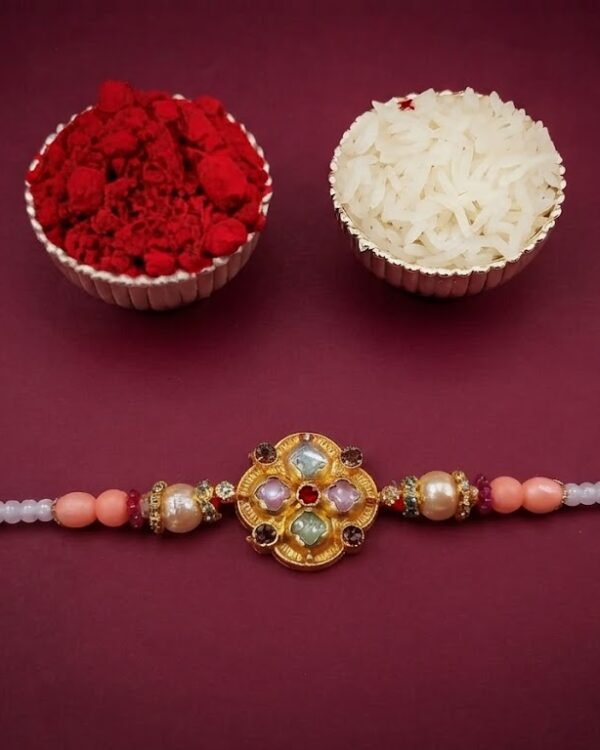 Fancy Golden Floral Stone Rakhi