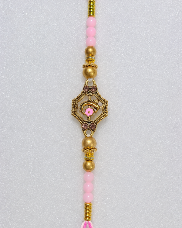 Fancy Golden Ganesha Pink Beads Rakhi