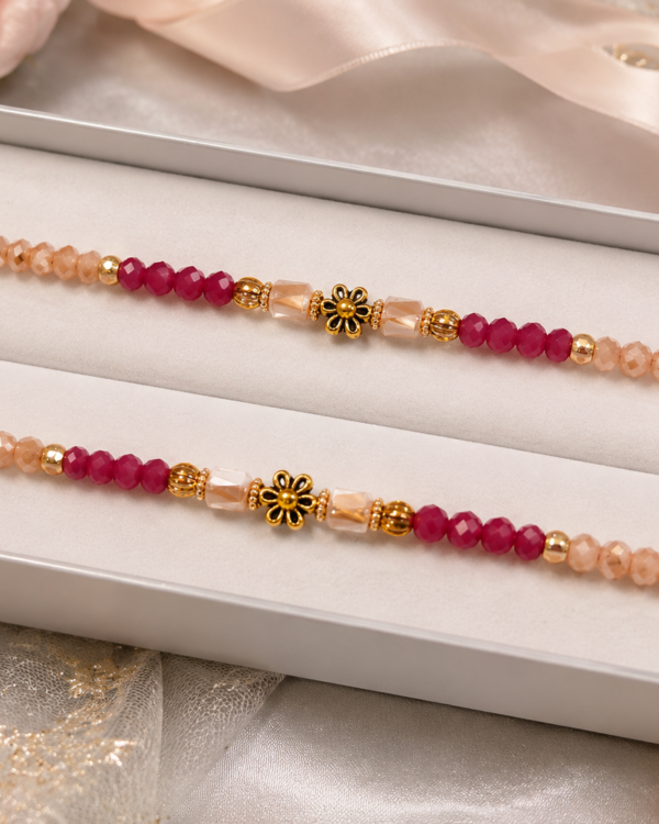 Fancy Golden Floral Peach Beaded Rakhi