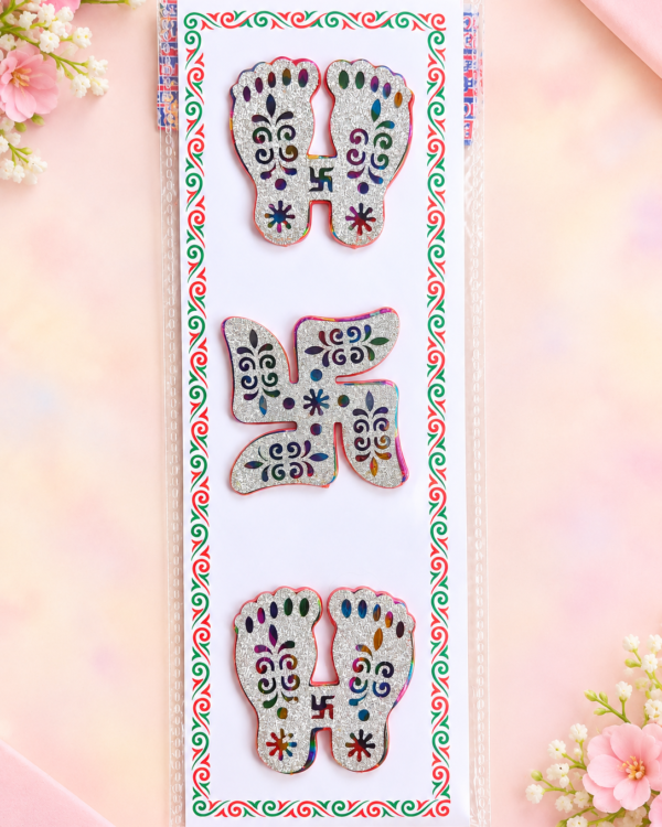 Silver Glitter Laxmi Charan & Swastik Sticker