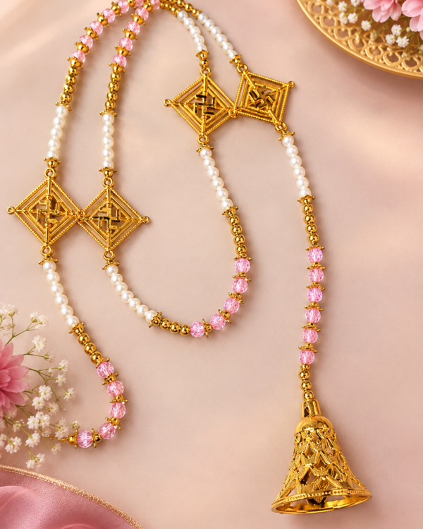 Golden Swastik & Pearl-Beaded Bell Door Hanging